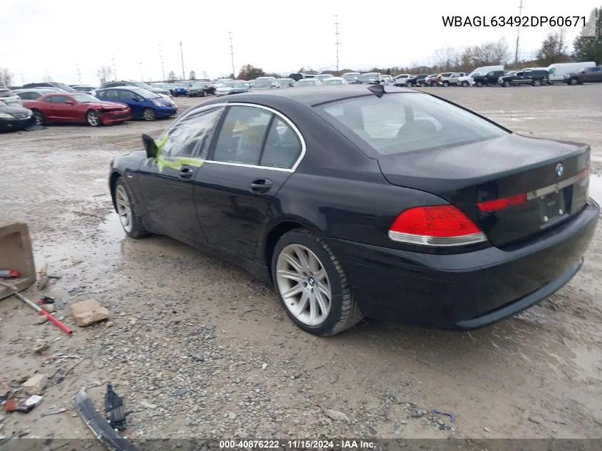 2002 BMW 745I VIN: WBAGL63492DP60671 Lot: 40876222