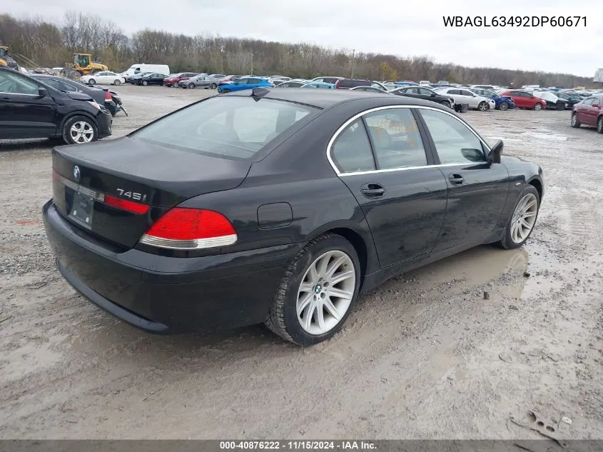 2002 BMW 745I VIN: WBAGL63492DP60671 Lot: 40876222