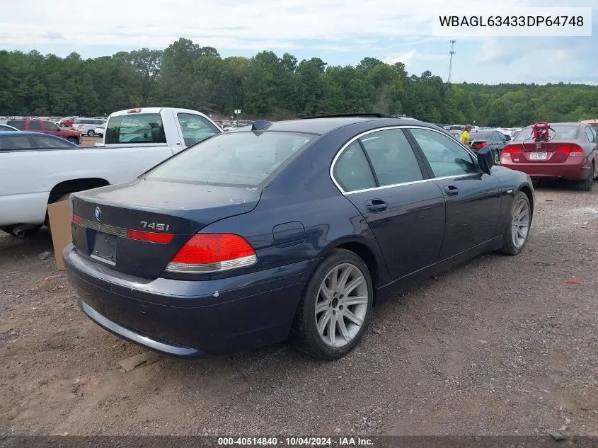 2003 BMW 745I VIN: WBAGL63433DP64748 Lot: 40514840