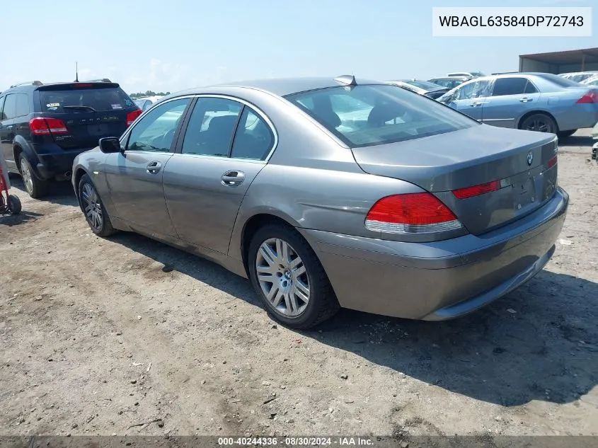 2004 BMW 745I VIN: WBAGL63584DP72743 Lot: 40244336