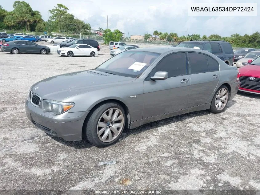 2004 BMW 745I VIN: WBAGL63534DP72424 Lot: 40291879