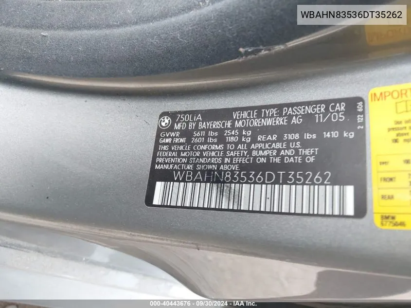 WBAHN83536DT35262 2006 BMW 750Li