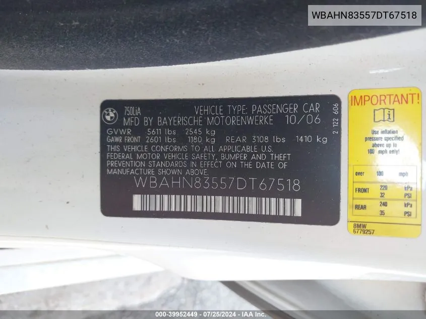 WBAHN83557DT67518 2007 BMW 750Li