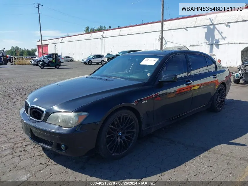 2008 BMW 750Li VIN: WBAHN83548DT81170 Lot: 40213270