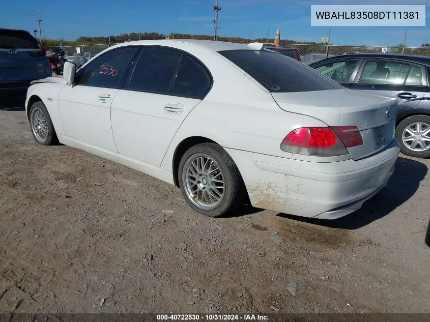 2008 BMW 750I VIN: WBAHL83508DT11381 Lot: 40722530