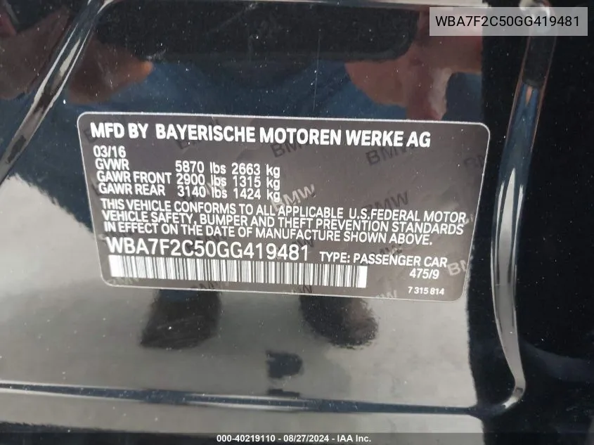 WBA7F2C50GG419481 2016 BMW 750I xDrive