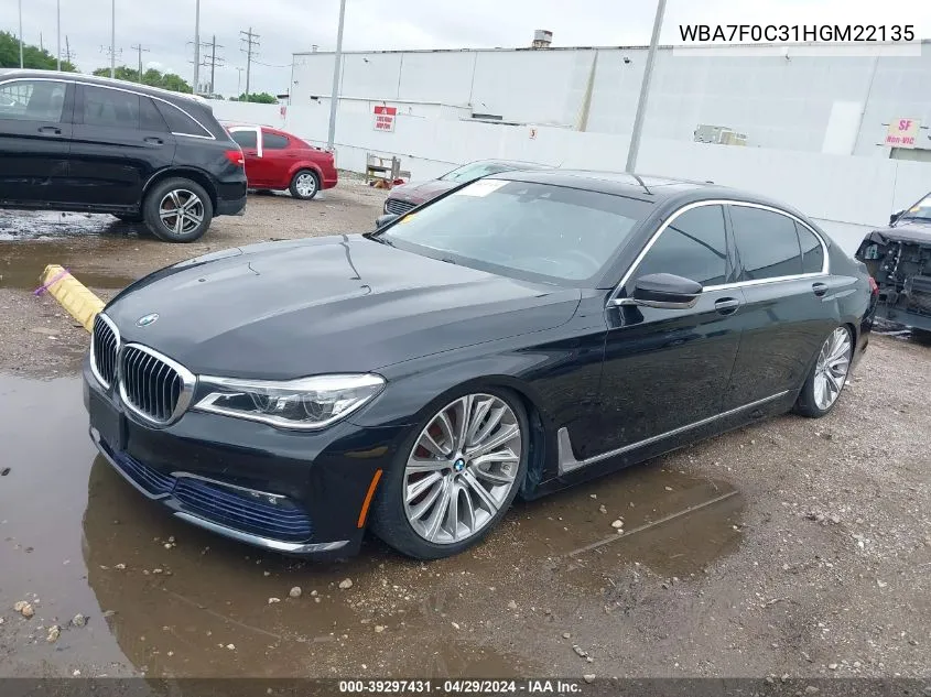 2017 BMW 750I VIN: WBA7F0C31HGM22135 Lot: 39297431