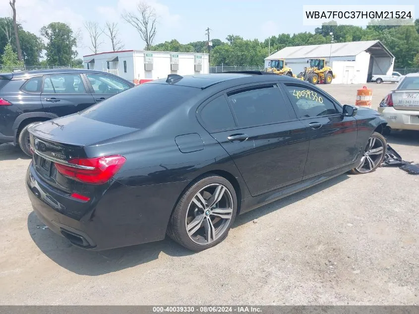 2017 BMW 750I VIN: WBA7F0C37HGM21524 Lot: 40039330