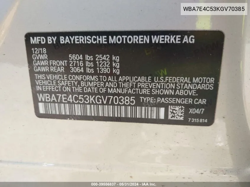 WBA7E4C53KGV70385 2019 BMW 740I xDrive