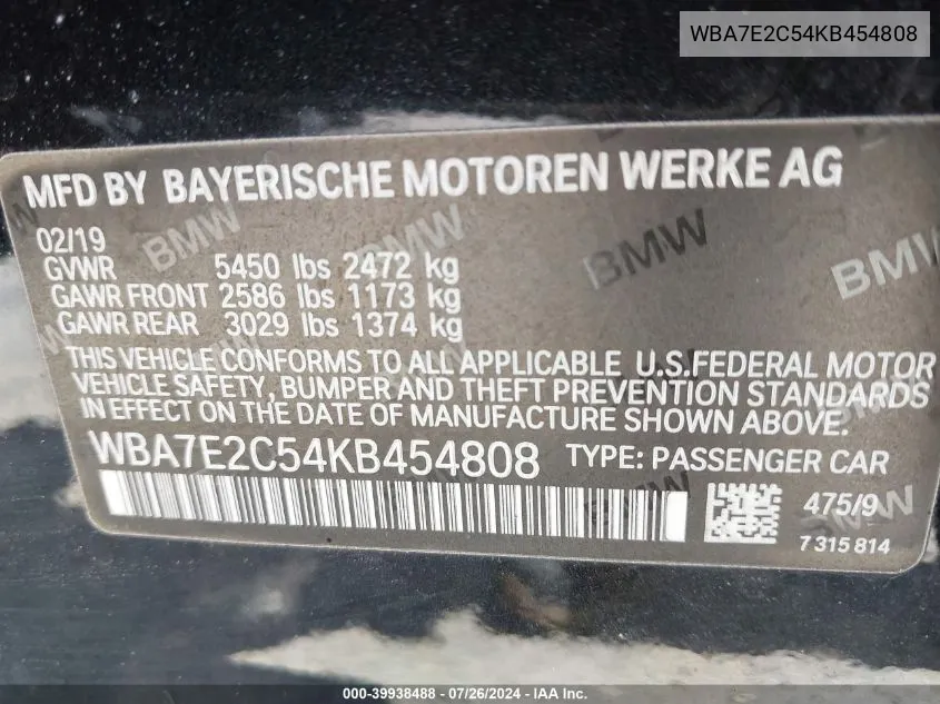 2019 BMW 740I VIN: WBA7E2C54KB454808 Lot: 39938488