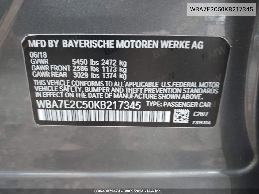 2019 BMW 740I VIN: WBA7E2C50KB217345 Lot: 40079474