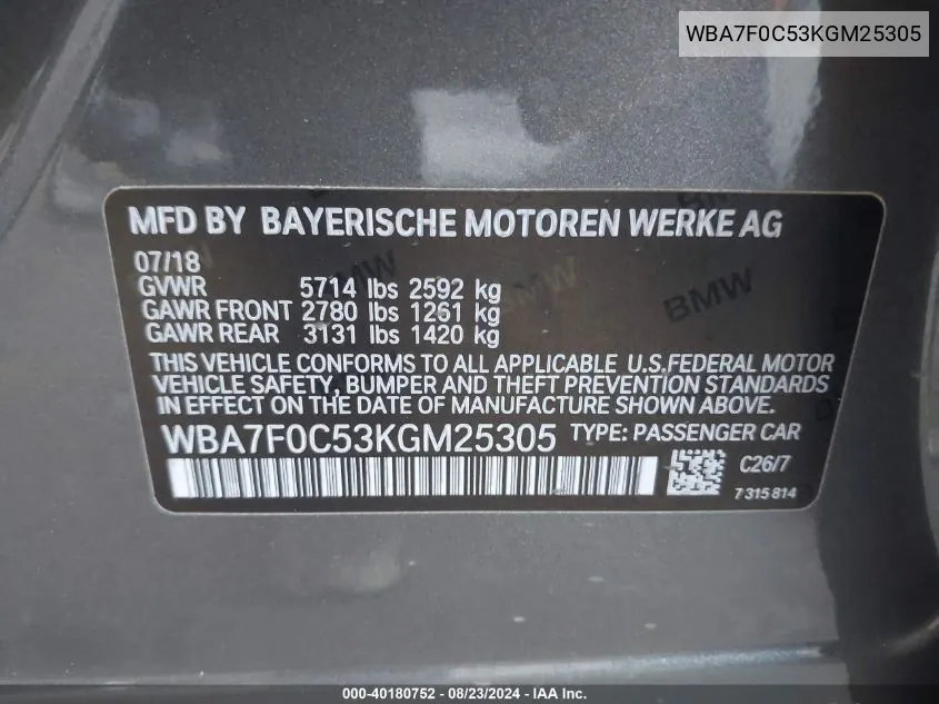 WBA7F0C53KGM25305 2019 BMW 750I