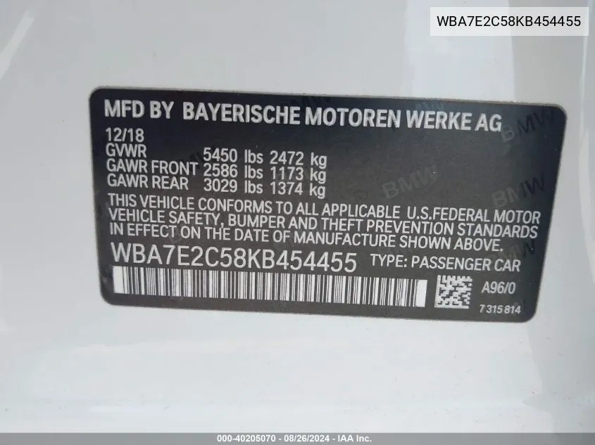 WBA7E2C58KB454455 2019 BMW 740I