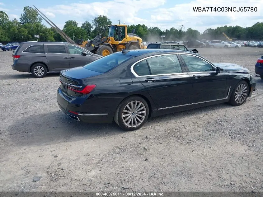 2022 BMW 740 I xDrive VIN: WBA7T4C03NCJ65780 Lot: 40075011