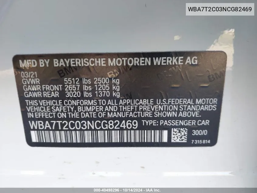 2022 BMW 740 I VIN: WBA7T2C03NCG82469 Lot: 40498296