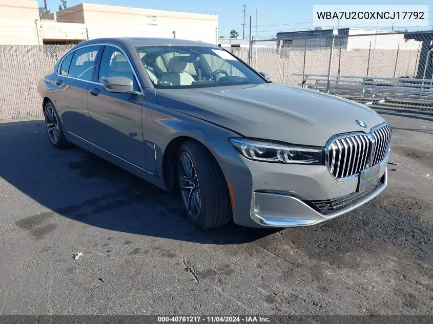 2022 BMW 750 I xDrive VIN: WBA7U2C0XNCJ17792 Lot: 40761217