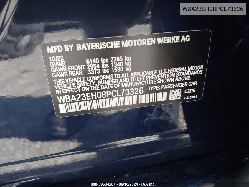 2023 BMW 740 I VIN: WBA23EH08PCL73326 Lot: 39684287