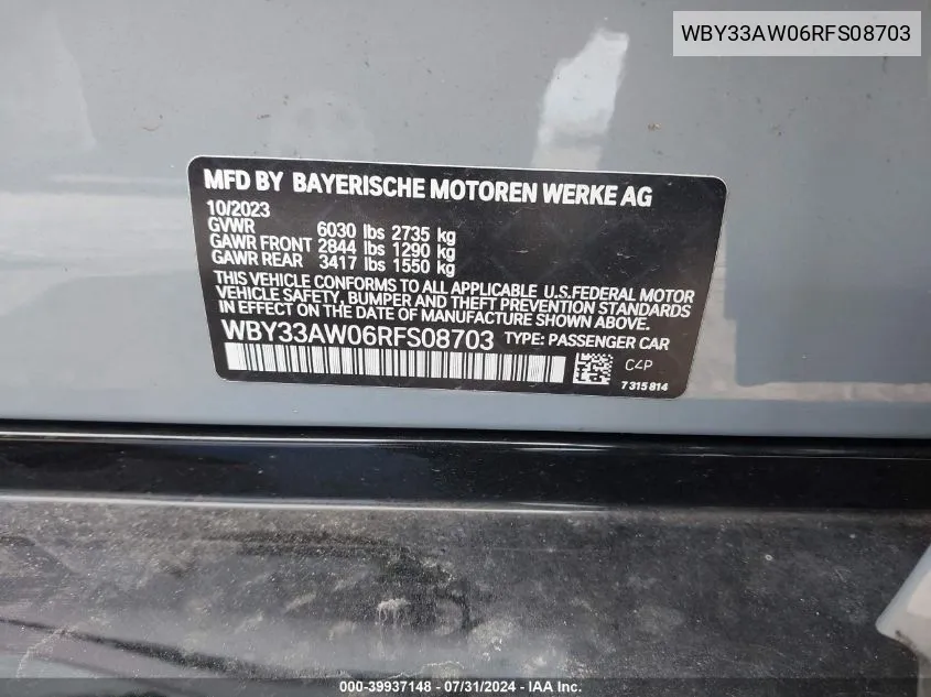 2024 BMW I4 M50 VIN: WBY33AW06RFS08703 Lot: 39937148