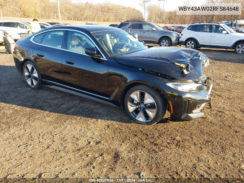 2024 BMW I4 Edrive35 VIN: WBY43AW02RFS84648 Lot: 40827004