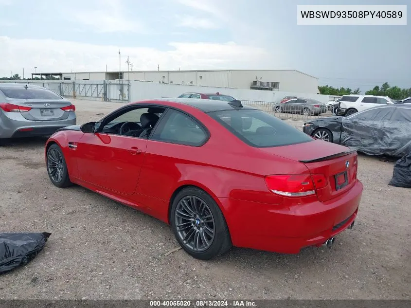 2008 BMW M3 VIN: WBSWD93508PY40589 Lot: 40055020