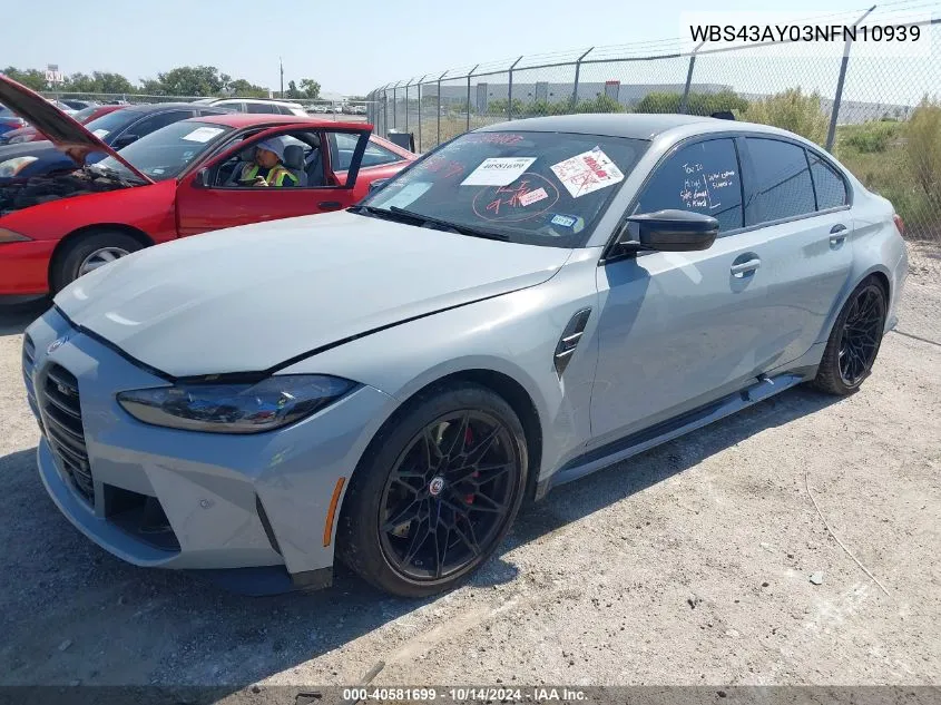 2022 BMW M3 Competition xDrive VIN: WBS43AY03NFN10939 Lot: 40581699