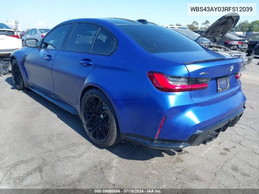 2024 BMW M3 Competition xDrive VIN: WBS43AY03RFS12039 Lot: 39890586