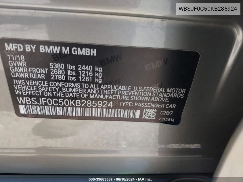 WBSJF0C50KB285924 2019 BMW M5