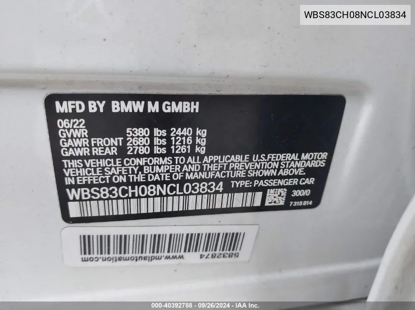 WBS83CH08NCL03834 2022 BMW M5