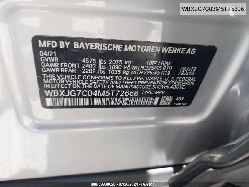 WBXJG7C03M5T75896 2021 BMW X1 Sdrive28I