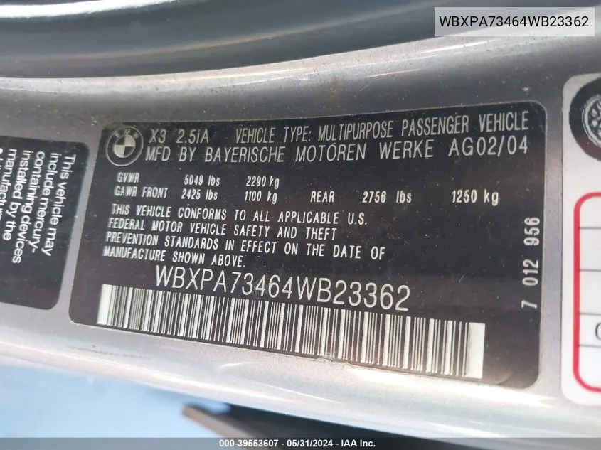 WBXPA73464WB23362 2004 BMW X3 2.5I