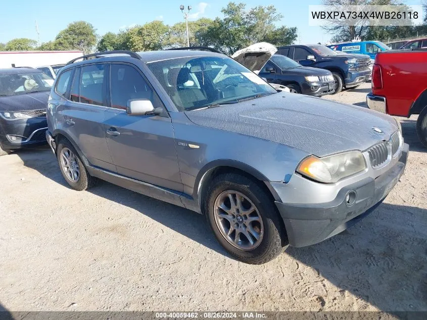 2004 BMW X3 2.5I VIN: WBXPA734X4WB26118 Lot: 40059462