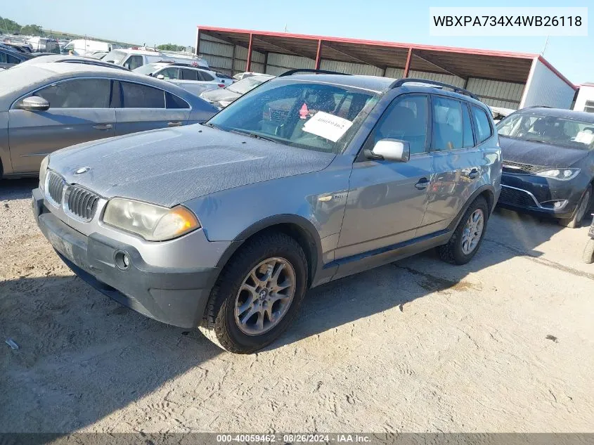 2004 BMW X3 2.5I VIN: WBXPA734X4WB26118 Lot: 40059462