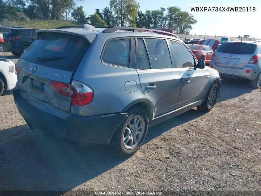 2004 BMW X3 2.5I VIN: WBXPA734X4WB26118 Lot: 40059462