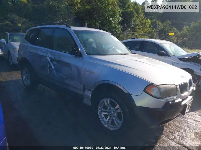 2004 BMW X3 3.0I VIN: WBXPA93414WD01092 Lot: 40186060