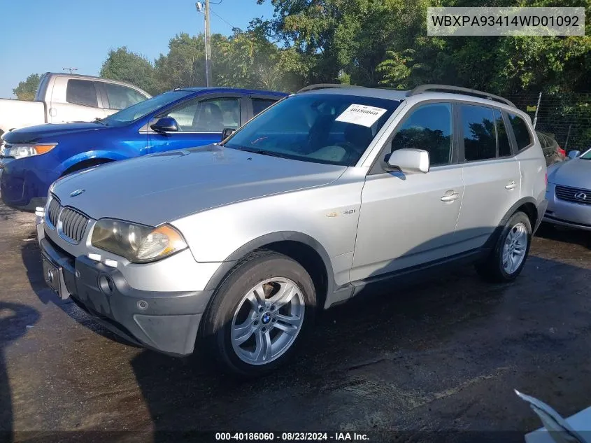 2004 BMW X3 3.0I VIN: WBXPA93414WD01092 Lot: 40186060