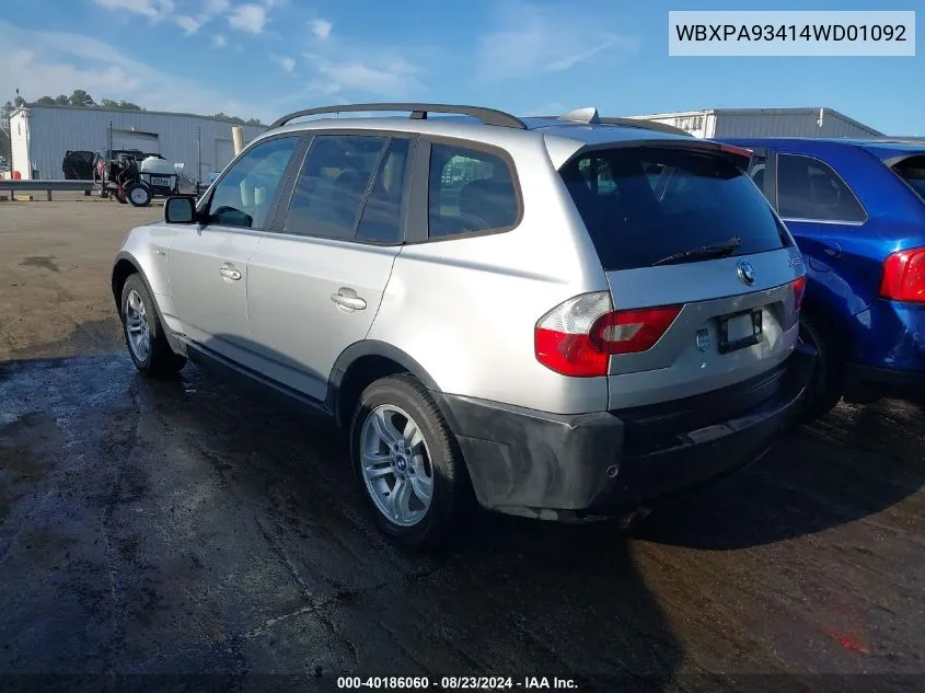 2004 BMW X3 3.0I VIN: WBXPA93414WD01092 Lot: 40186060