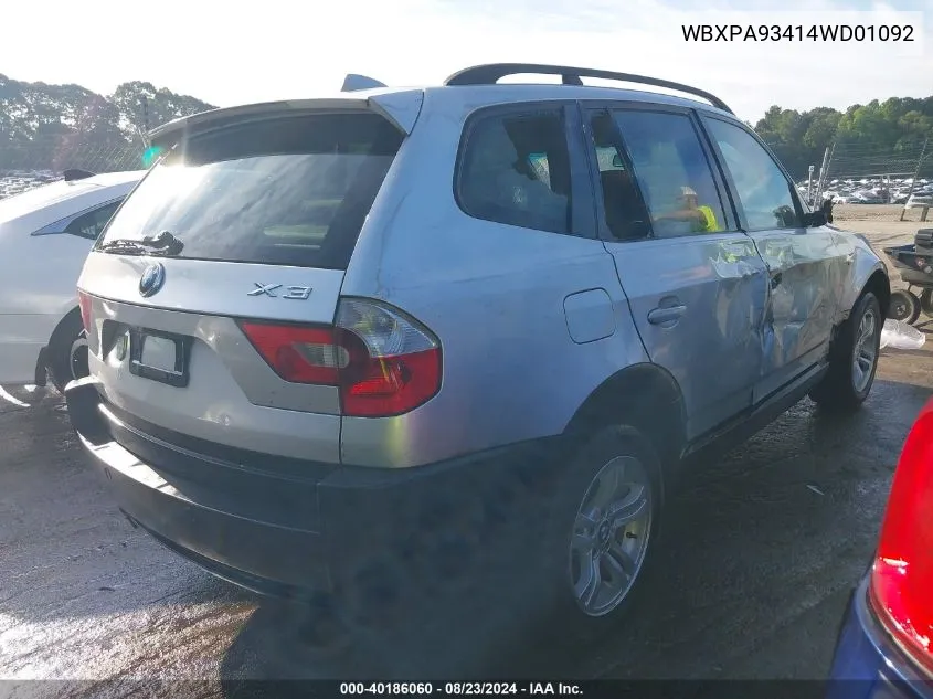 2004 BMW X3 3.0I VIN: WBXPA93414WD01092 Lot: 40186060