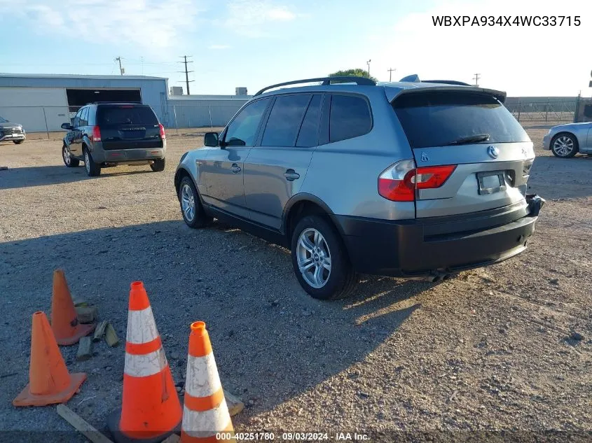 2004 BMW X3 3.0I VIN: WBXPA934X4WC33715 Lot: 40251780