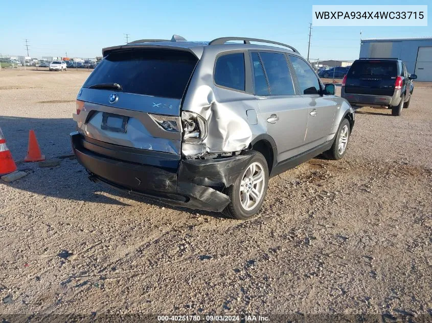 2004 BMW X3 3.0I VIN: WBXPA934X4WC33715 Lot: 40251780