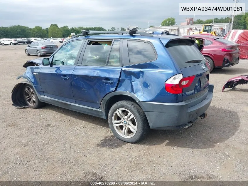 2004 BMW X3 3.0I VIN: WBXPA93474WD01081 Lot: 40278289