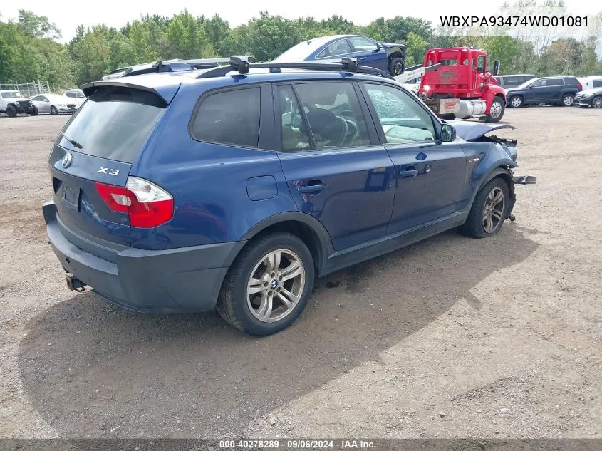 2004 BMW X3 3.0I VIN: WBXPA93474WD01081 Lot: 40278289