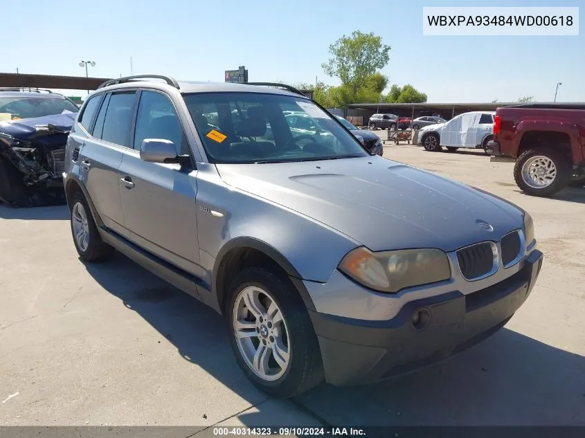 2004 BMW X3 3.0I VIN: WBXPA93484WD00618 Lot: 40314323