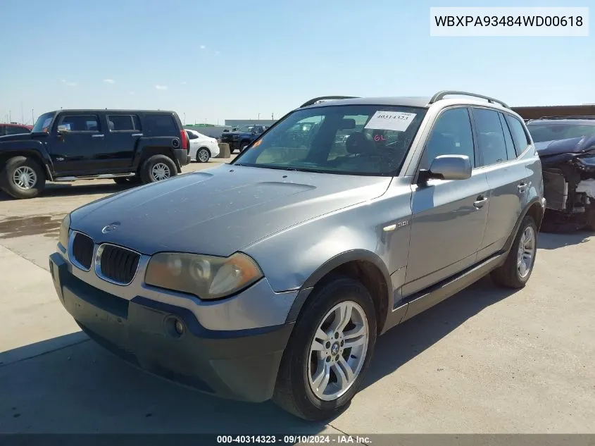 2004 BMW X3 3.0I VIN: WBXPA93484WD00618 Lot: 40314323