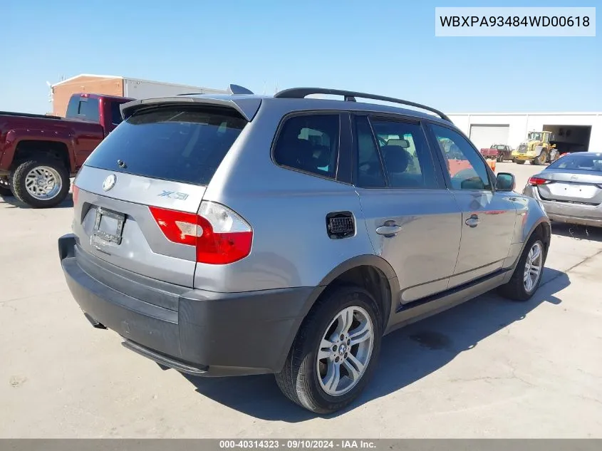 2004 BMW X3 3.0I VIN: WBXPA93484WD00618 Lot: 40314323