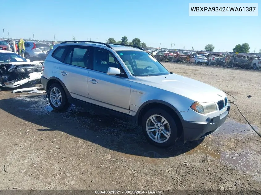 2004 BMW X3 3.0I VIN: WBXPA93424WA61387 Lot: 40321921