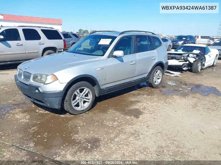 2004 BMW X3 3.0I VIN: WBXPA93424WA61387 Lot: 40321921