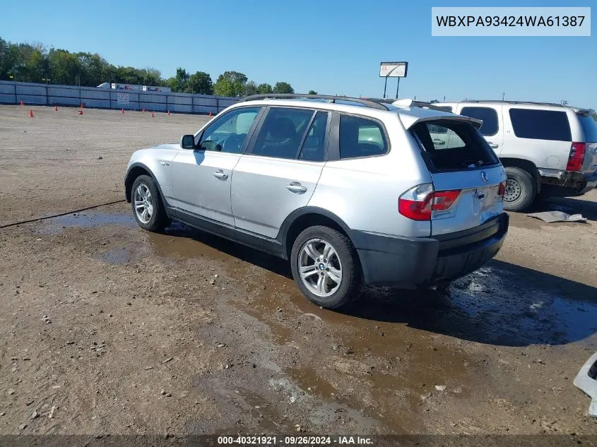 2004 BMW X3 3.0I VIN: WBXPA93424WA61387 Lot: 40321921