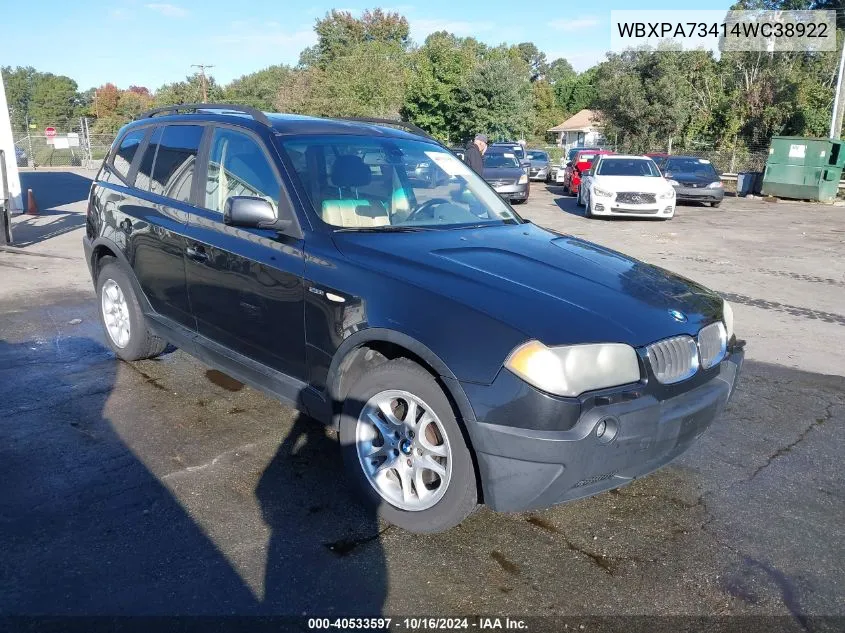 2004 BMW X3 2.5I VIN: WBXPA73414WC38922 Lot: 40533597