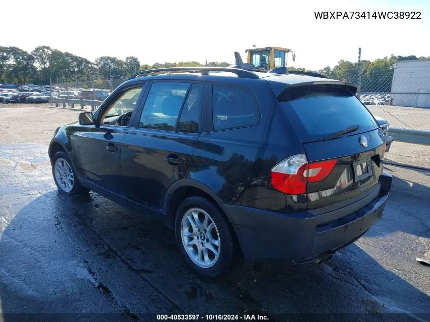 2004 BMW X3 2.5I VIN: WBXPA73414WC38922 Lot: 40533597