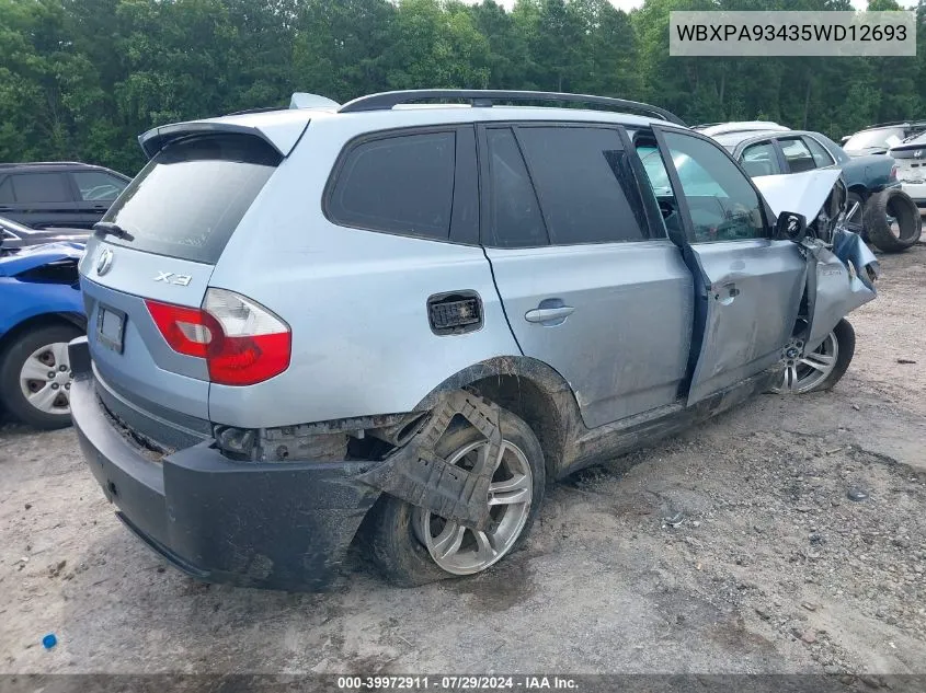 2005 BMW X3 3.0I VIN: WBXPA93435WD12693 Lot: 39972911